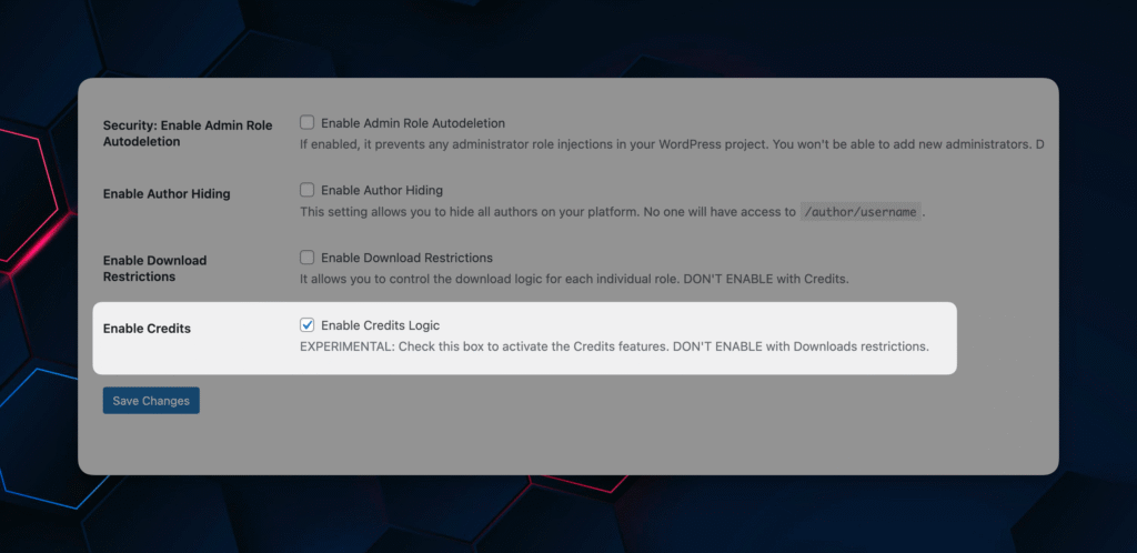 credits settings rolecommerce